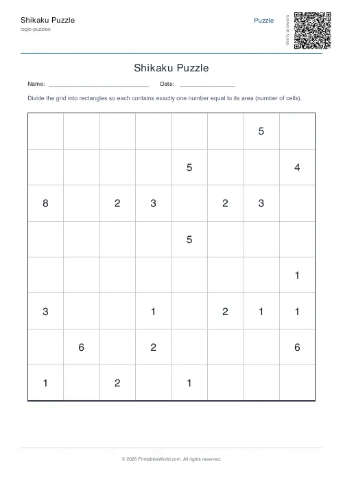 Free printable shikaku puzzle — Hard — PDF download