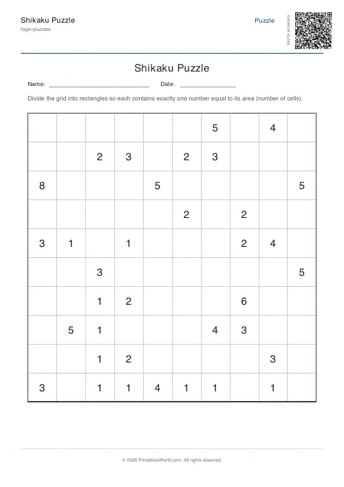 Free printable shikaku puzzle — 10x10 — PDF download