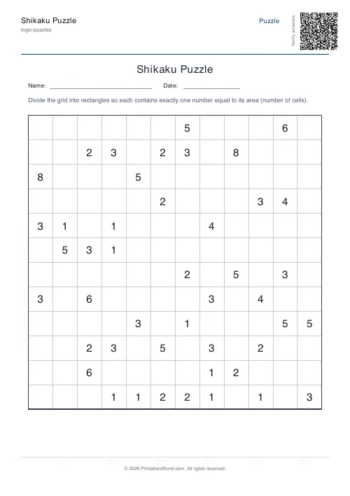 Free printable shikaku puzzle — 12x12 — PDF download