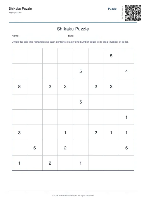 Free printable shikaku puzzle — Easy, with answer key — PDF download