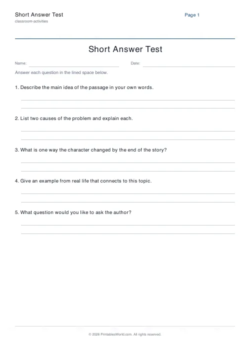 Free printable short-answer test — 2 — PDF download