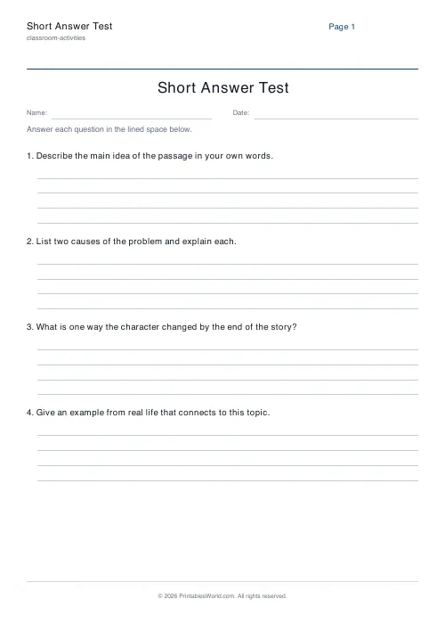 Free printable short-answer test — 4 — PDF download