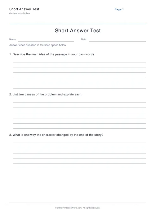 Free printable short-answer test — 6 — PDF download