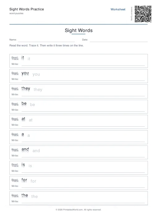 Free printable sight words practice — 10 words — PDF download