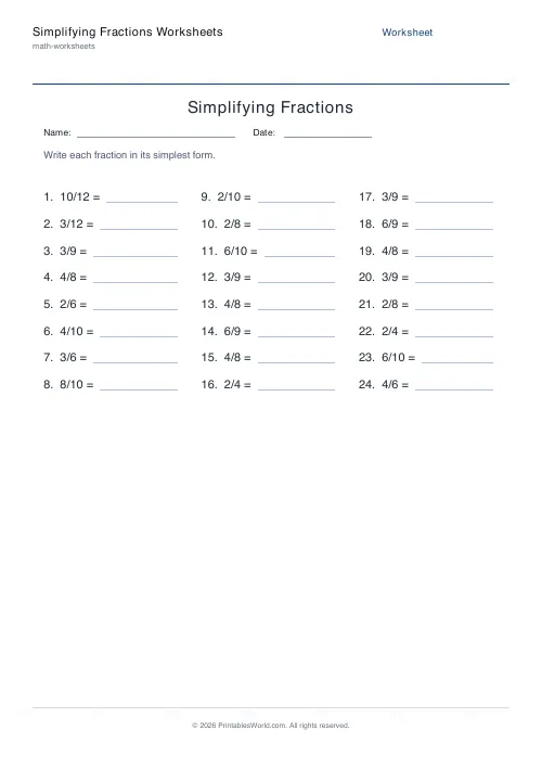 Free printable simplifying fractions worksheet — Up to 12 — PDF download