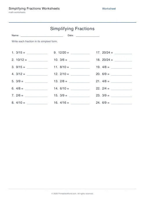 Free printable simplifying fractions worksheet — Up to 24 — PDF download