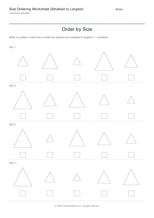 Free printable size ordering worksheet — Triangles, with answer key — PDF download