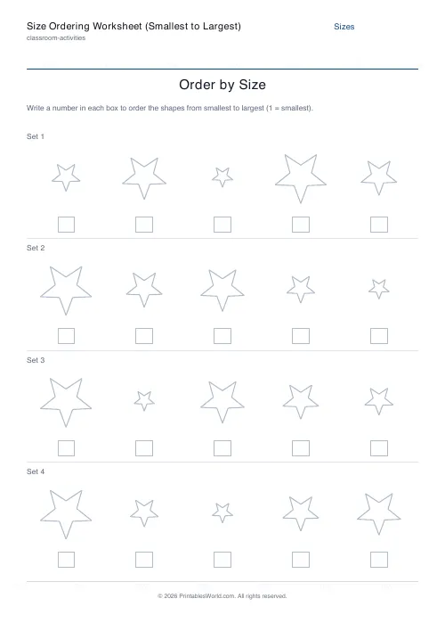 Free printable size ordering worksheet — Stars, with answer key — PDF download