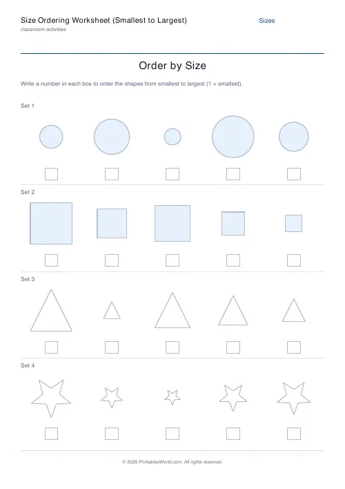 Free printable size ordering worksheet — Mixed, with answer key — PDF download