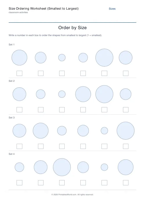 Free printable size ordering worksheet — 6 shapes, with answer key — PDF download