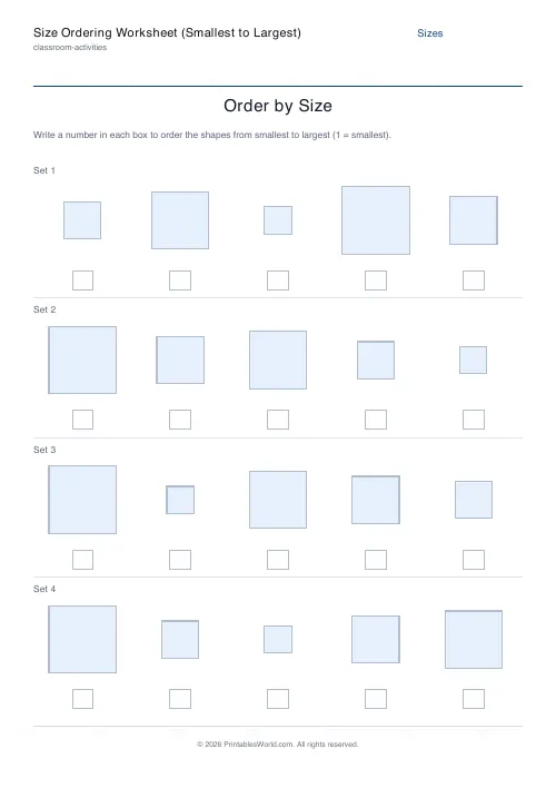 Free printable size ordering worksheet — Squares — PDF download
