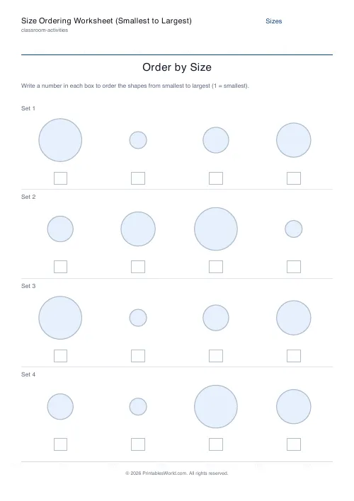 Free printable size ordering worksheet — 4 shapes — PDF download