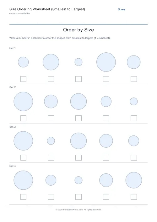 Free printable size ordering worksheet — Circles, with answer key — PDF download