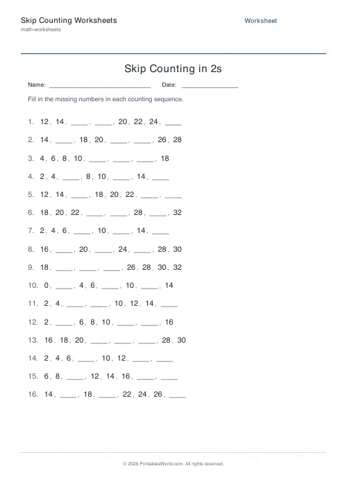 Free printable skip counting worksheet — 2s — PDF download
