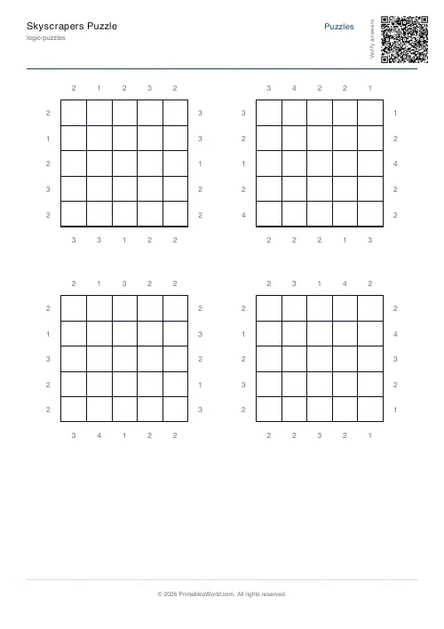 Free printable skyscrapers puzzle — with answer key — PDF download