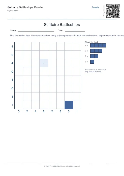 Free printable battleships logic puzzle — Easy, with answer key — PDF download