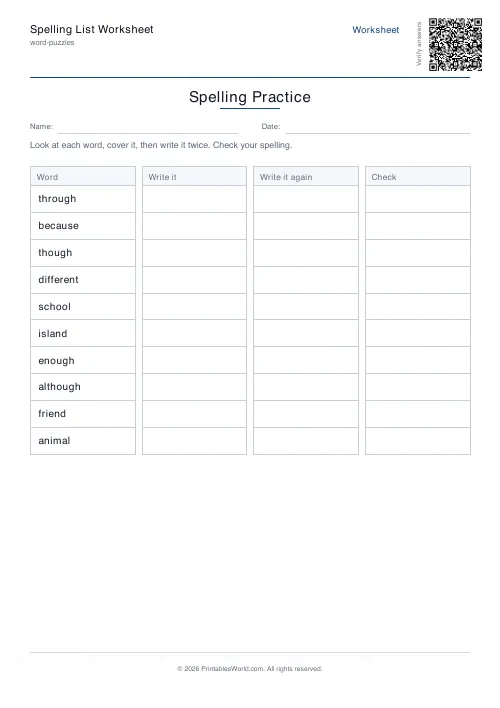Free printable spelling practice list — 10 words — PDF download