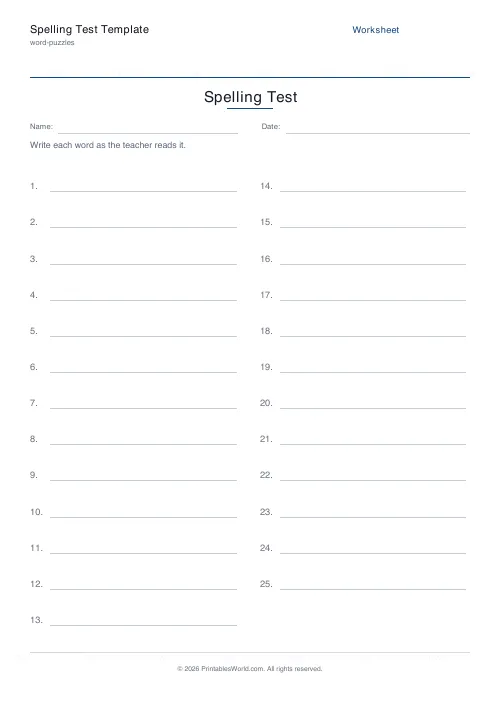 Free printable spelling test template — 25 words, with answer key — PDF download