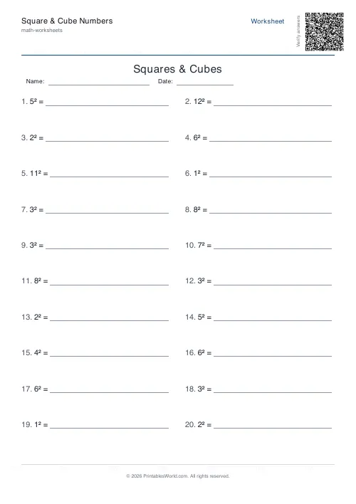 Free printable squares, cubes and roots worksheet — Squares — PDF download