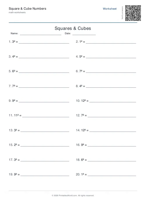 Free printable squares, cubes and roots worksheet — Squares, with answer key — PDF download