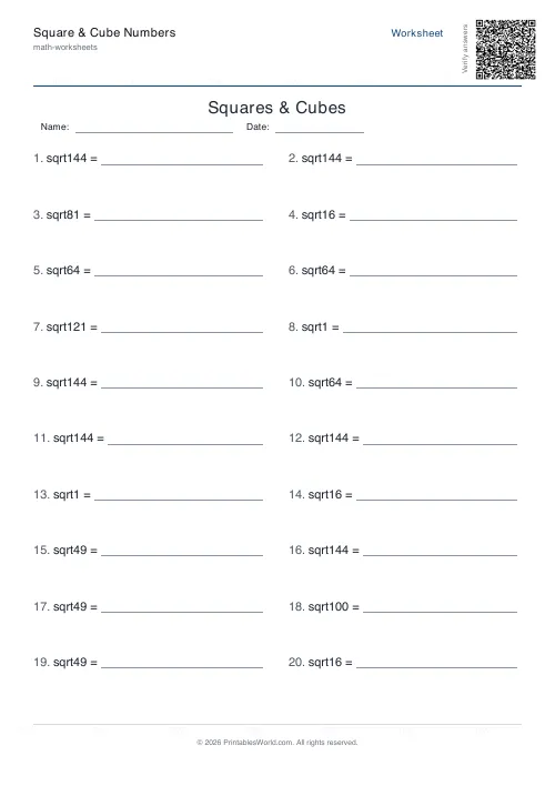 Free printable squares, cubes and roots worksheet — Square roots, with answer key — PDF download