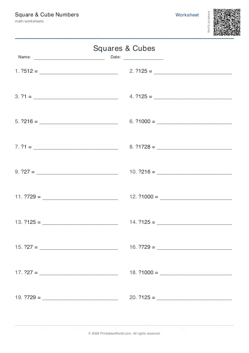 Free printable squares, cubes and roots worksheet — Cube roots, with answer key — PDF download