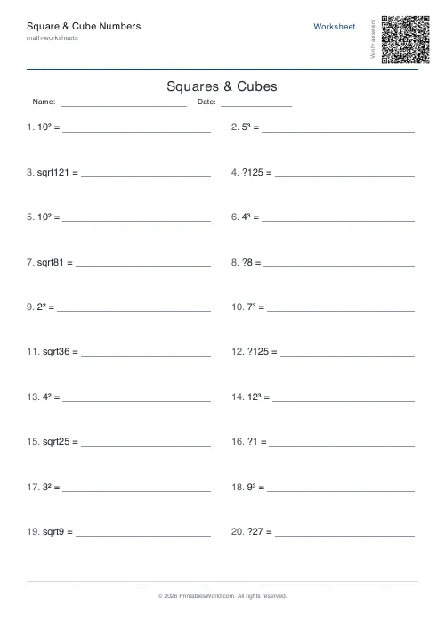 Free printable squares, cubes and roots worksheet — Mixed, with answer key — PDF download