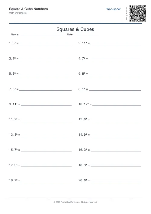 Free printable squares, cubes and roots worksheet — Cubes — PDF download