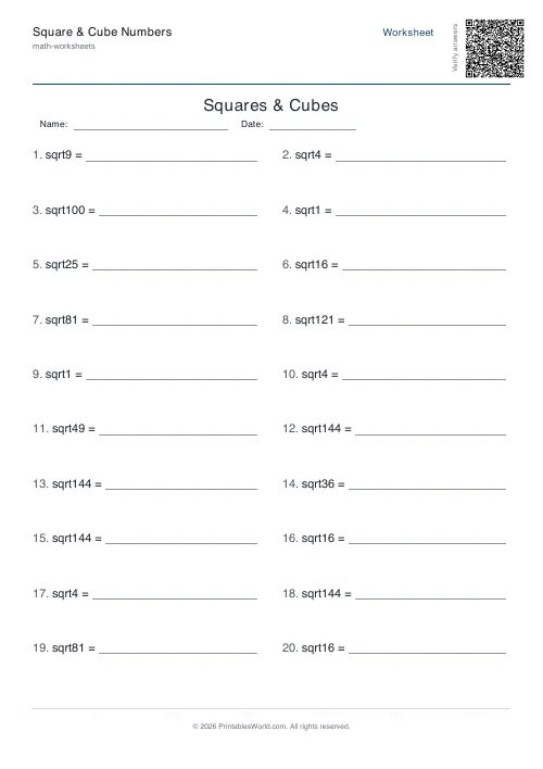 Free printable squares, cubes and roots worksheet — Square roots — PDF download