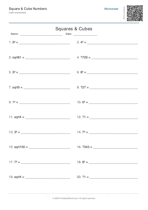 Free printable squares, cubes and roots worksheet — Mixed — PDF download