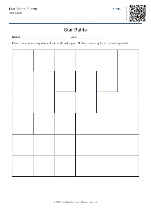 Free printable star battle puzzle — 6x6, with answer key — PDF download