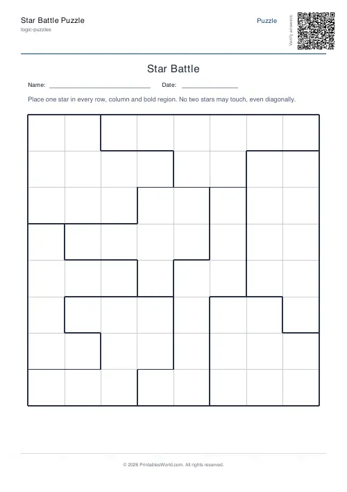 Free printable star battle puzzle — 8x8, with answer key — PDF download