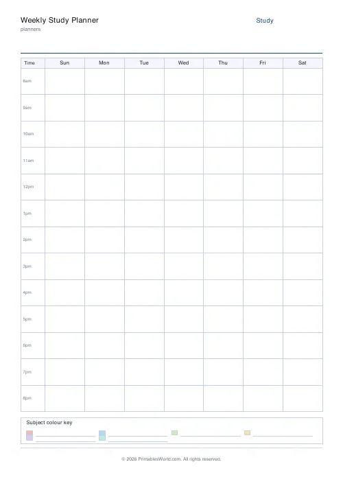 Free printable study planner — Sunday start — PDF download
