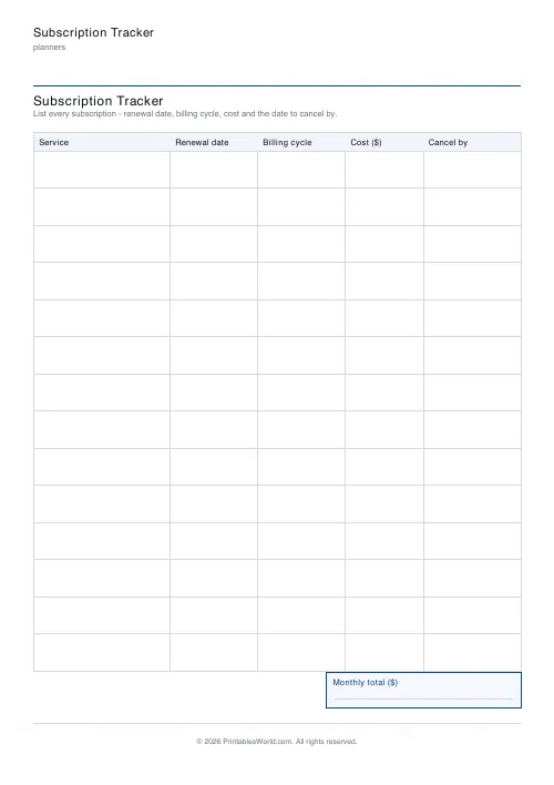 Free printable subscription tracker — Dollars (USD) — PDF download