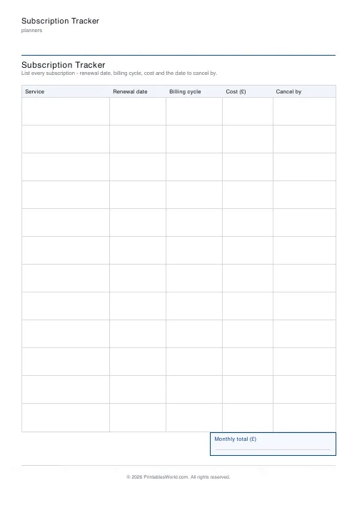 Free printable subscription tracker — 12 subscriptions — PDF download