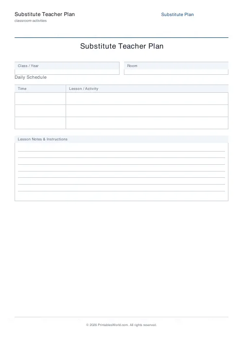 Free printable substitute teacher plan — 3 — PDF download