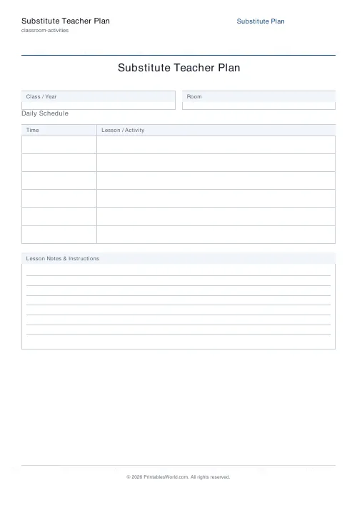 Free printable substitute teacher plan — 6 — PDF download