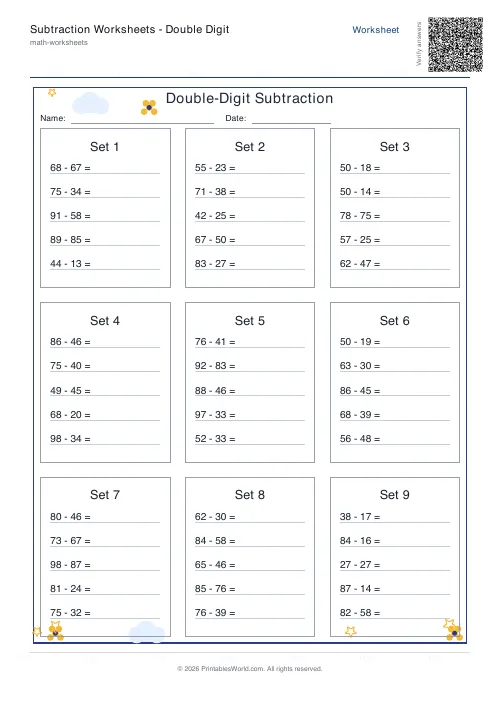Free printable subtraction worksheet — Tables — PDF download