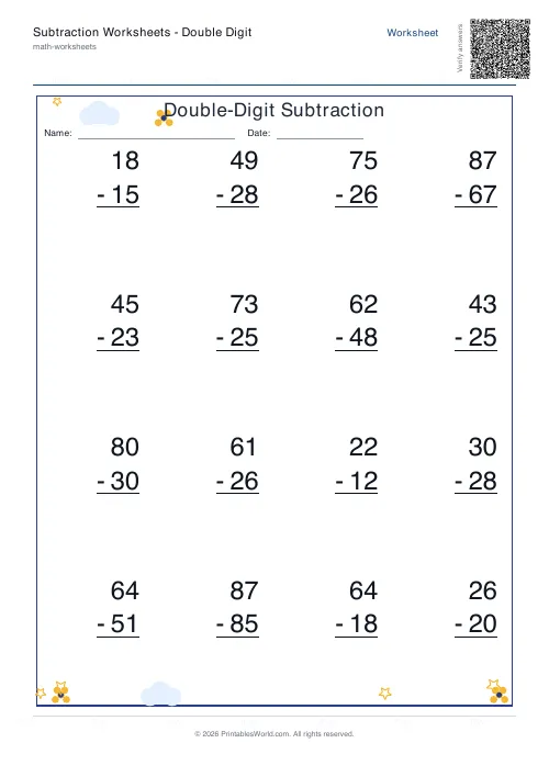 Free printable subtraction worksheet — Vertical column, with answer key — PDF download