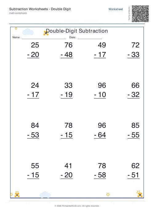 Free printable subtraction worksheet — 2-digit, with answer key — PDF download
