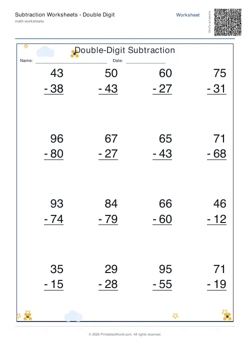 Free printable subtraction worksheet — Vertical column — PDF download