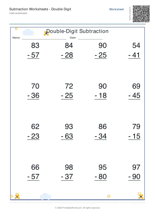 Free printable subtraction worksheet — 2-digit — PDF download