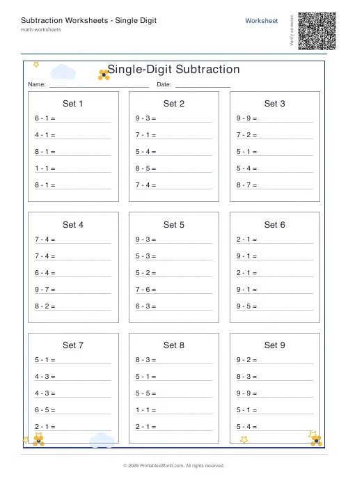 Free printable subtraction worksheet — Tables, with answer key — PDF download
