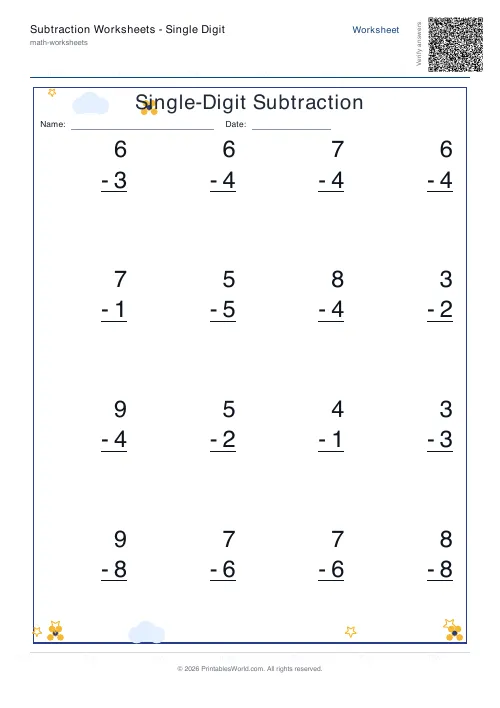 Free printable subtraction worksheet — 1-digit — PDF download