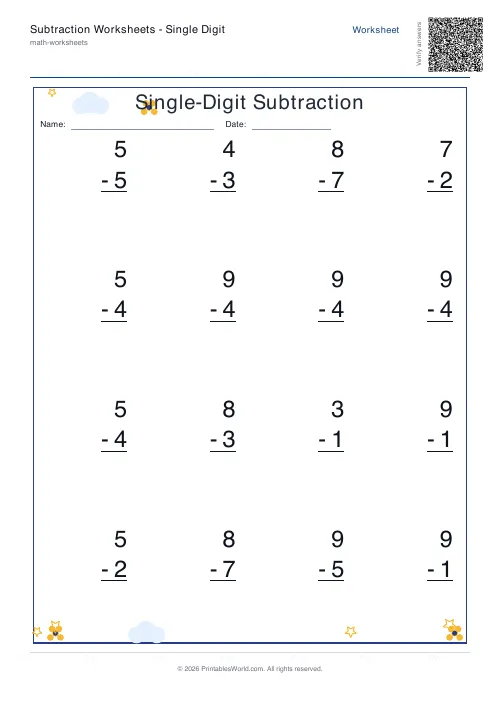 Free printable subtraction worksheet — No zero — PDF download