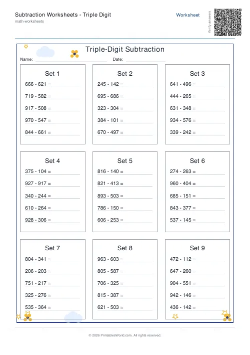 Free printable subtraction worksheet — Tables — PDF download