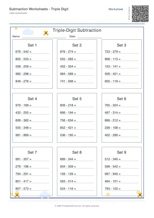 Free printable subtraction worksheet — Tables, with answer key — PDF download