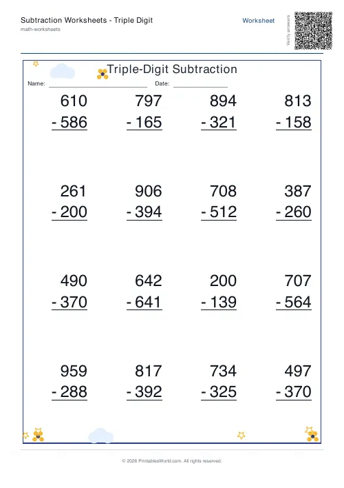 Free printable subtraction worksheet — Vertical column, with answer key — PDF download