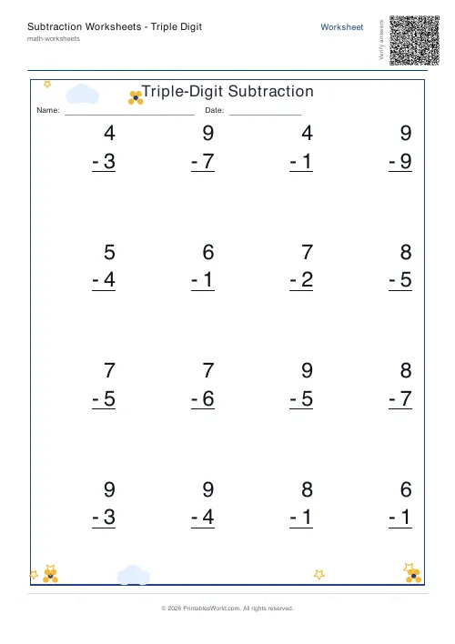 Free printable subtraction worksheet — 1-digit, with answer key — PDF download