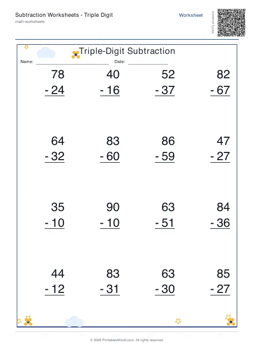 Free printable subtraction worksheet — 2-digit, with answer key — PDF download